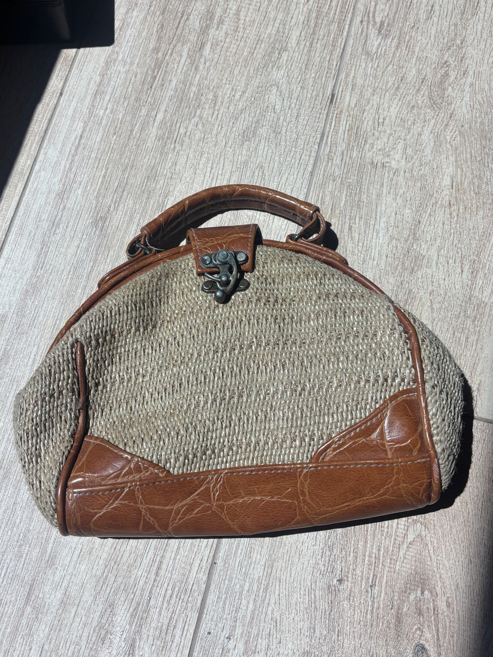 Woven Straw and Brown Leather Handle Satchel - Brown